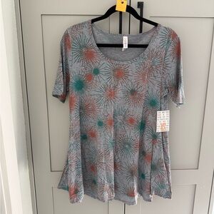 LuLaRoe Perfect T (Gray Top with Orange and Teal Starburst)